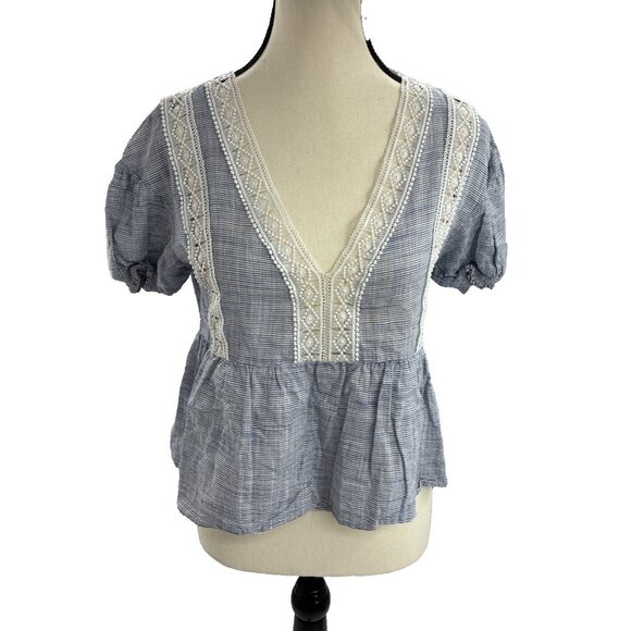Zara Womens Size XS Blue Lace Trim Peplum Top Short Sleeve V Neck Blouse Boho - Picture 1 of 6